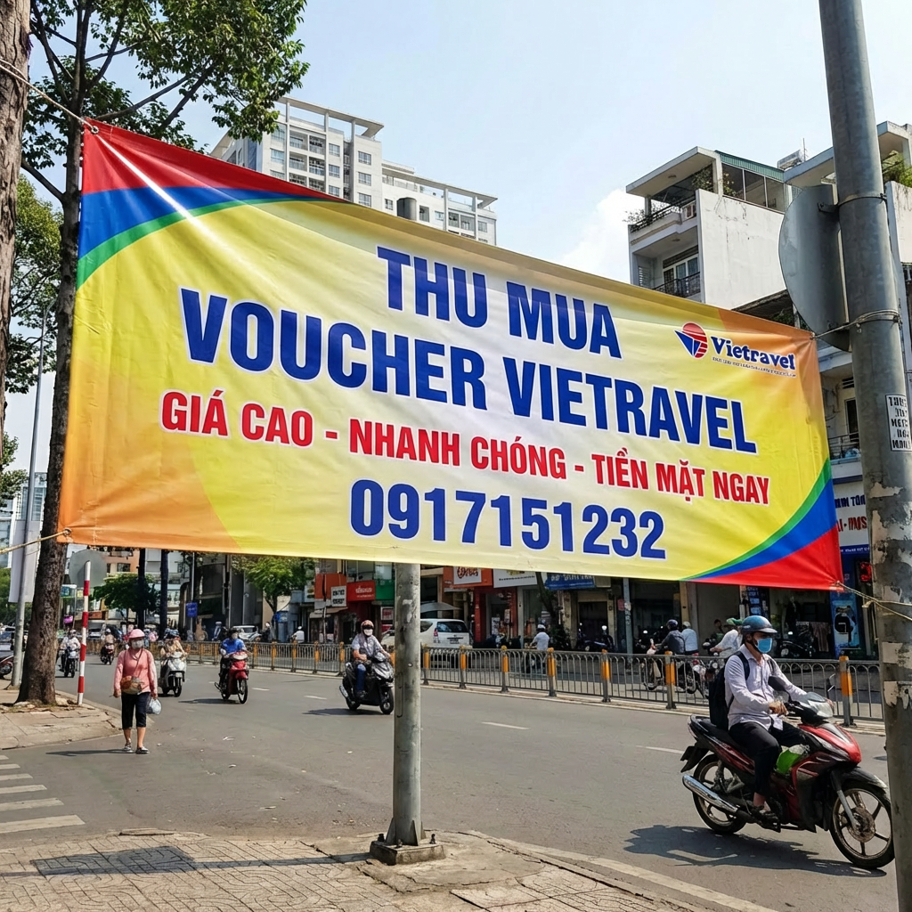 Banner text: THU MUA VOUCHER VIETRAVEL GIÁ CAO - NHANH CHÓNG - TIỀN MẶT NGAY 090-123-4567 Vietravel logo.