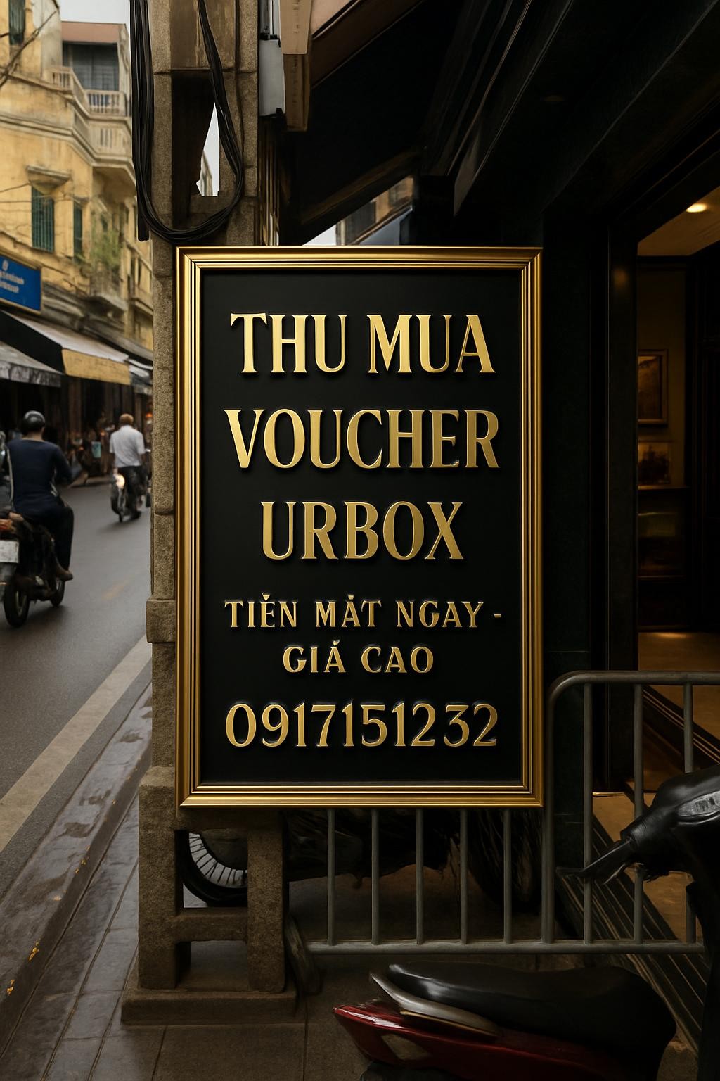 Sign offering cash for Urbox vouchers with phone number in busy urban street